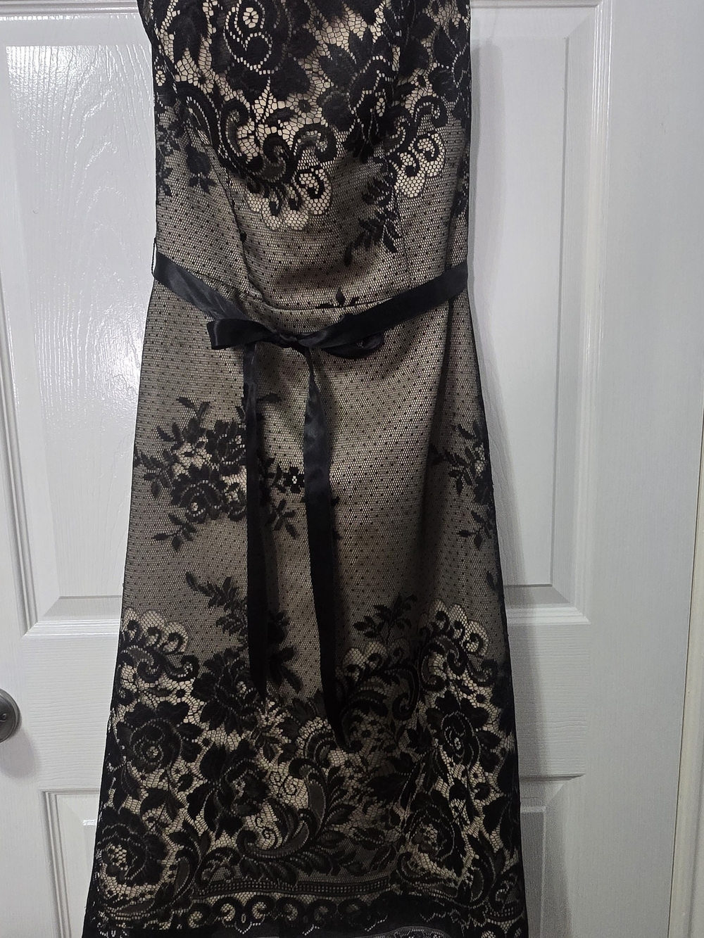 White Mark Black Lace Overlay on Nude Strapless Dress
